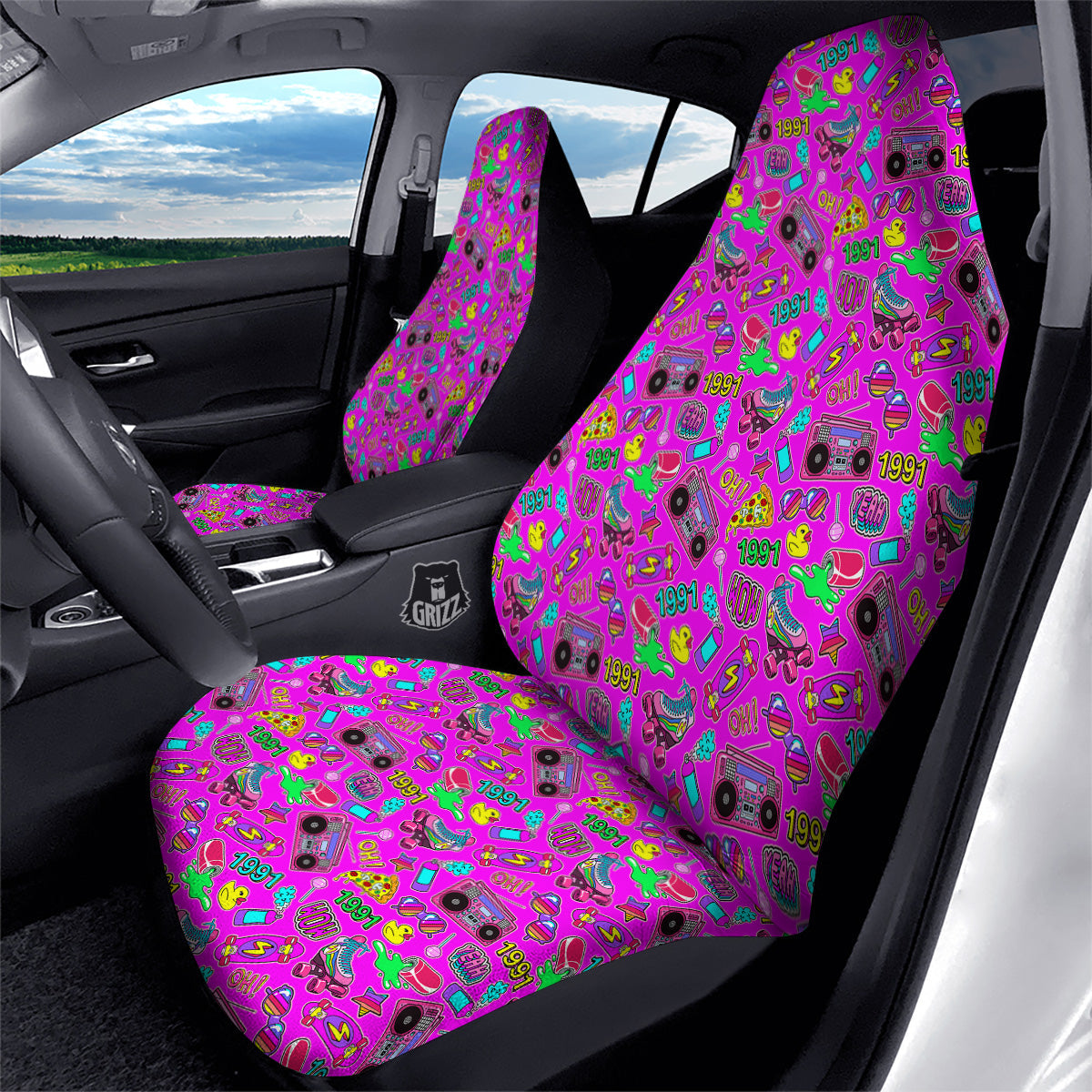 Pink Retro Stickers 90s Print Pattern Car Seat Covers-grizzshop