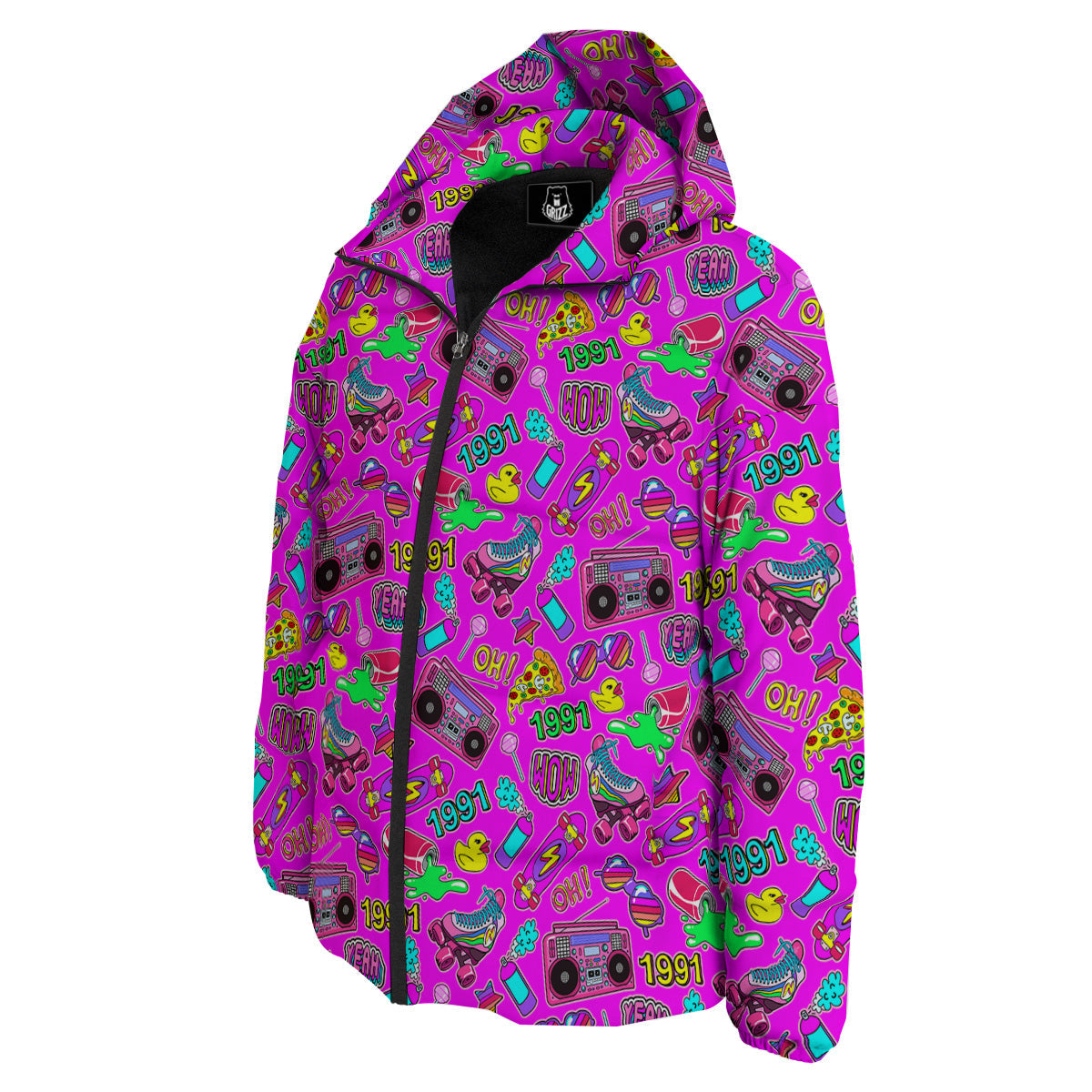Pink Retro Stickers 90s Print Pattern Down Jacket-grizzshop