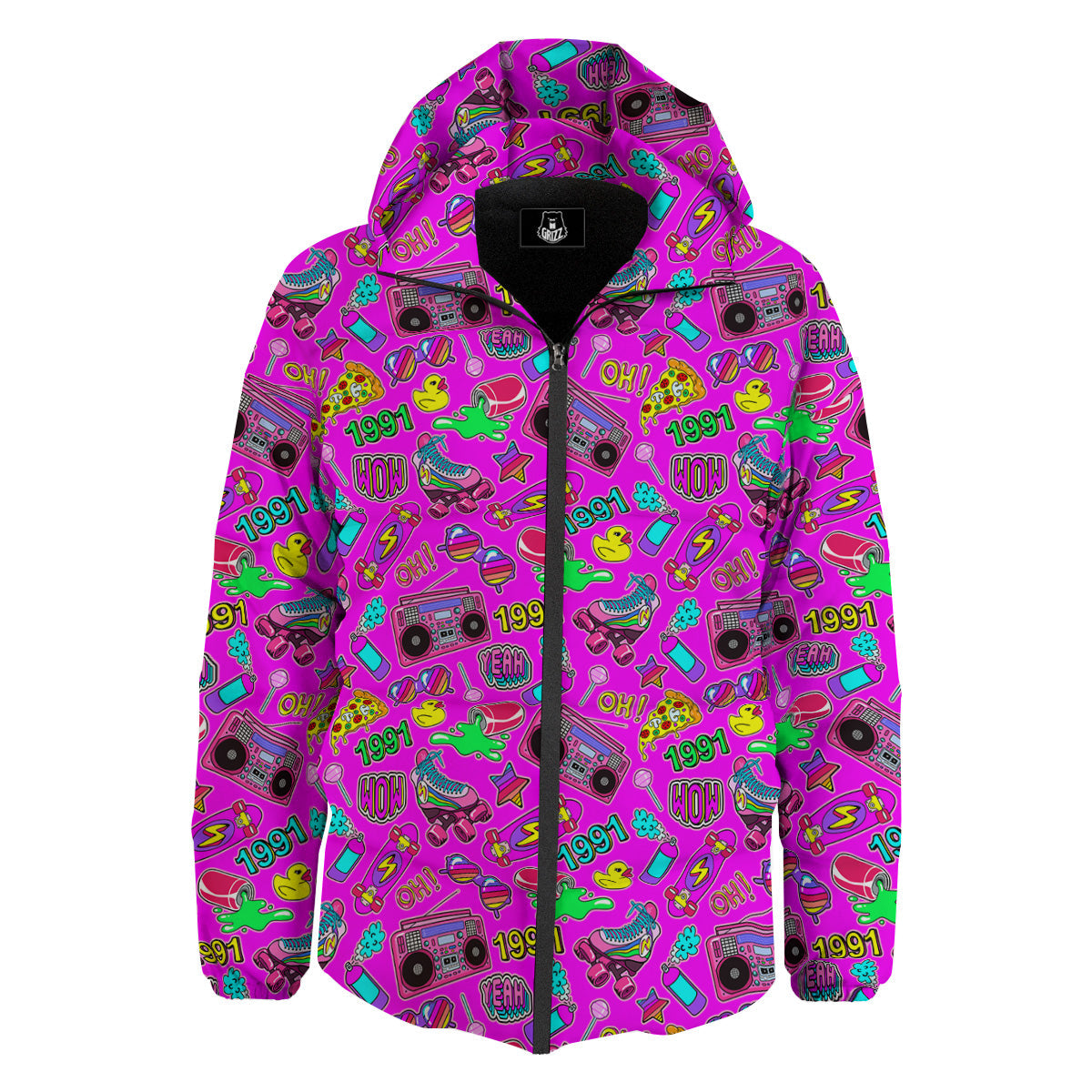 Pink Retro Stickers 90s Print Pattern Down Jacket-grizzshop
