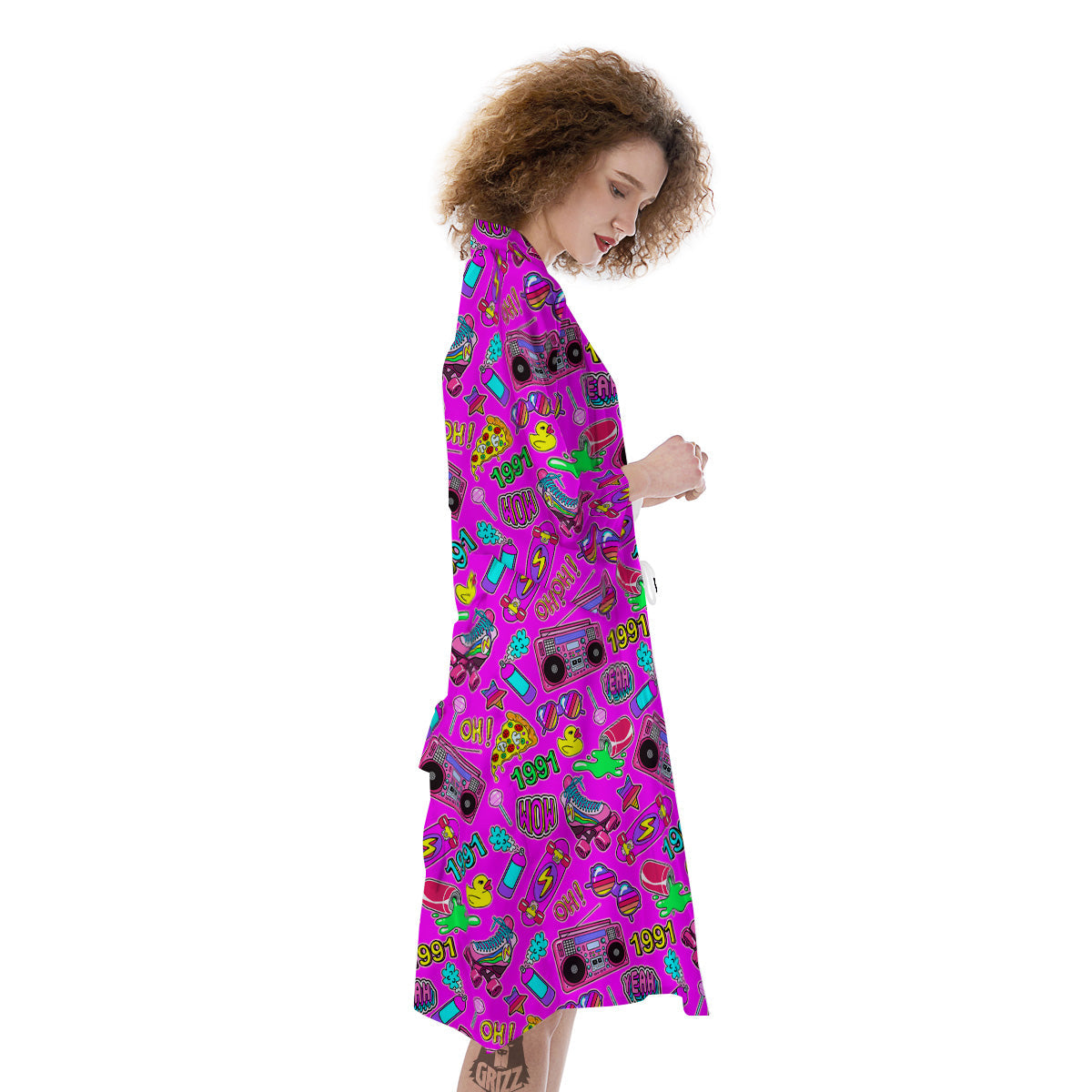 Pink Retro Stickers 90s Print Pattern Kimono-grizzshop