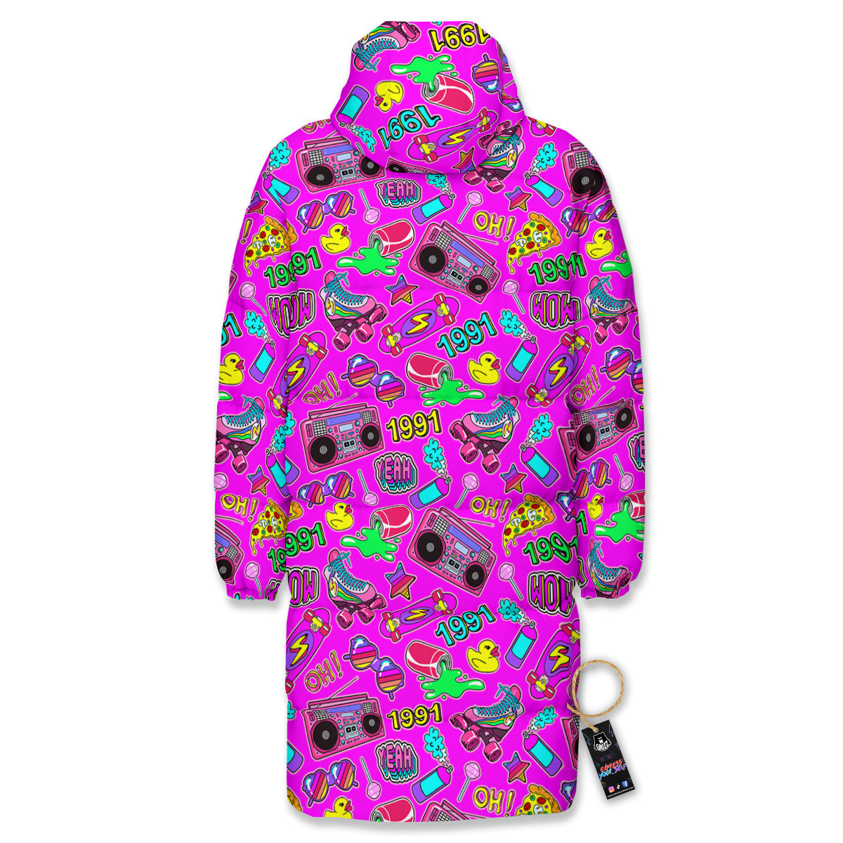Pink Retro Stickers 90s Print Pattern Long Down Jacket-grizzshop