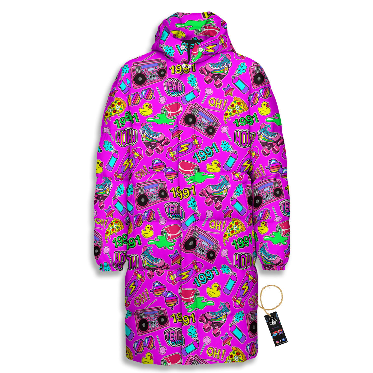 Pink Retro Stickers 90s Print Pattern Long Down Jacket-grizzshop
