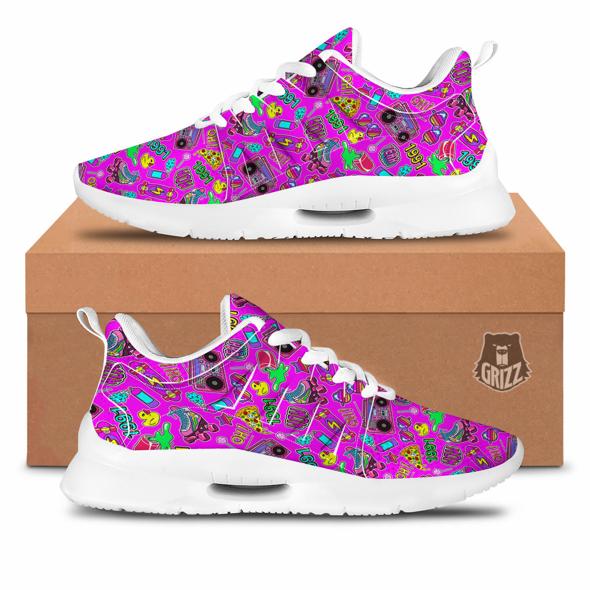 Pink Retro Stickers 90s Print Pattern Tennis Shoes-grizzshop