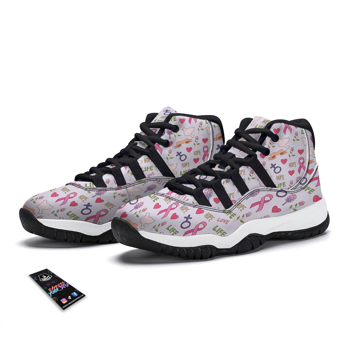 Pink Ribbon Breast Cancer Awareness Pattern Print Black Bball Shoes-grizzshop