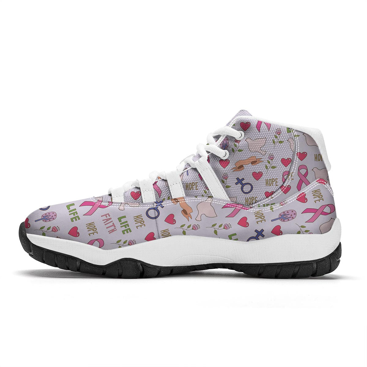 Pink Ribbon Breast Cancer Awareness Pattern Print White Bball Shoes-grizzshop