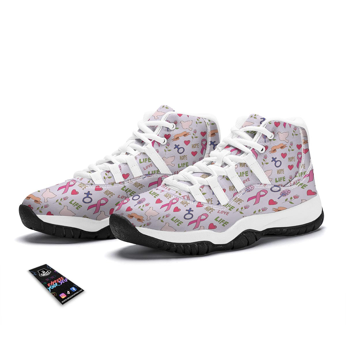 Pink Ribbon Breast Cancer Awareness Pattern Print White Bball Shoes-grizzshop