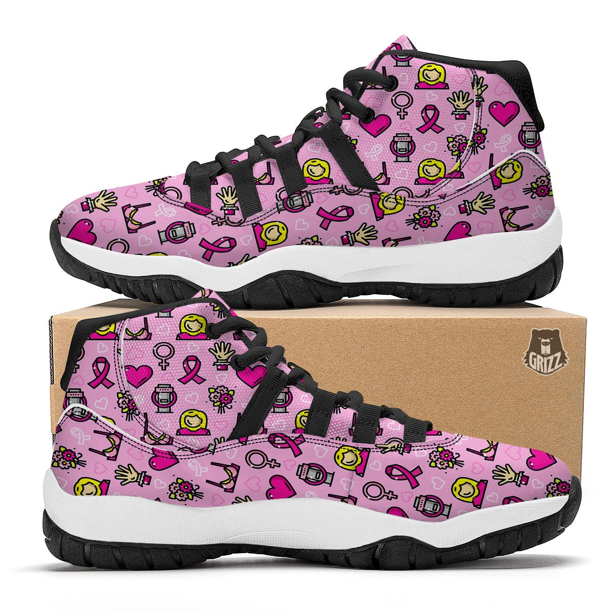 Pink Ribbon Breast Cancer Awareness Print Pattern Black Bball Shoes-grizzshop