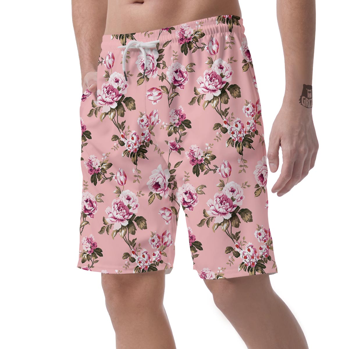 Pink Rose Floral Print Men's Shorts-grizzshop