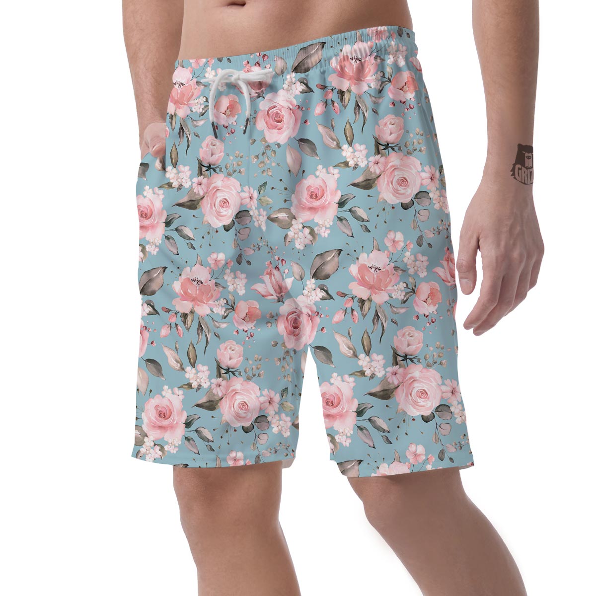 Pink Rose Flower Print Men's Shorts-grizzshop