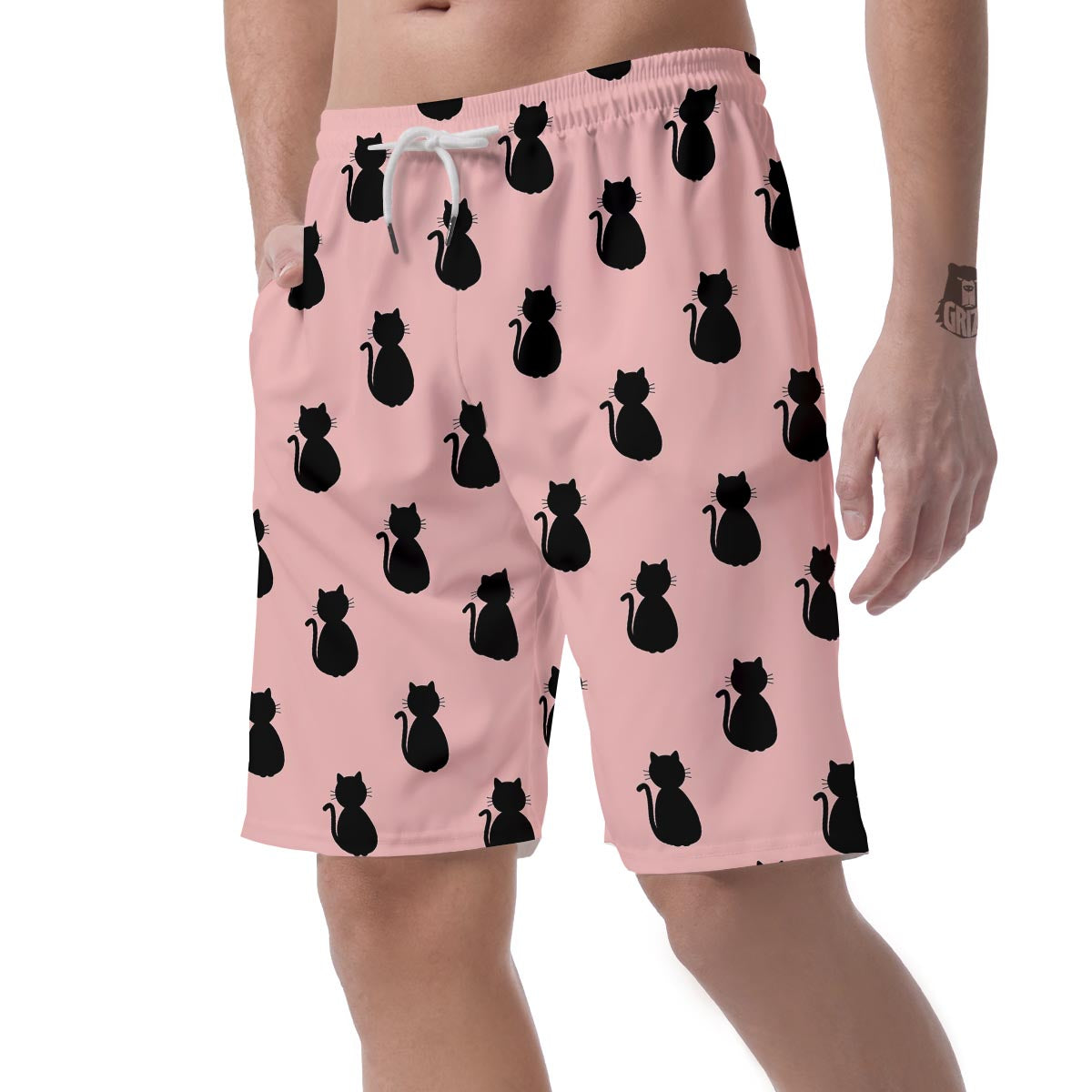 Pink Silhouette Cat Print Men's Shorts-grizzshop