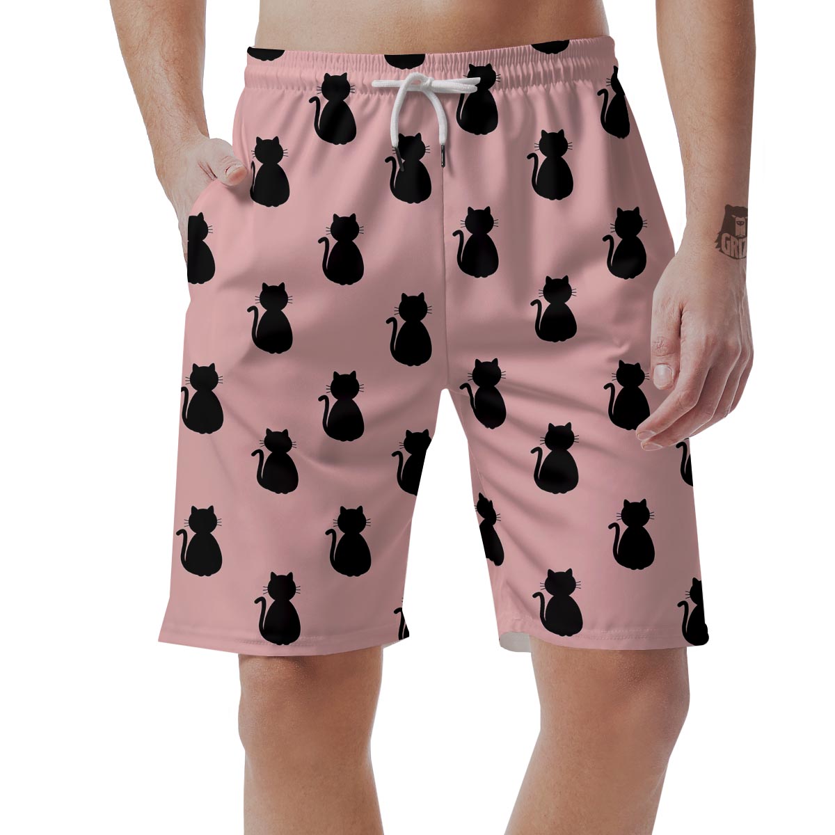 Pink Silhouette Cat Print Men's Shorts-grizzshop