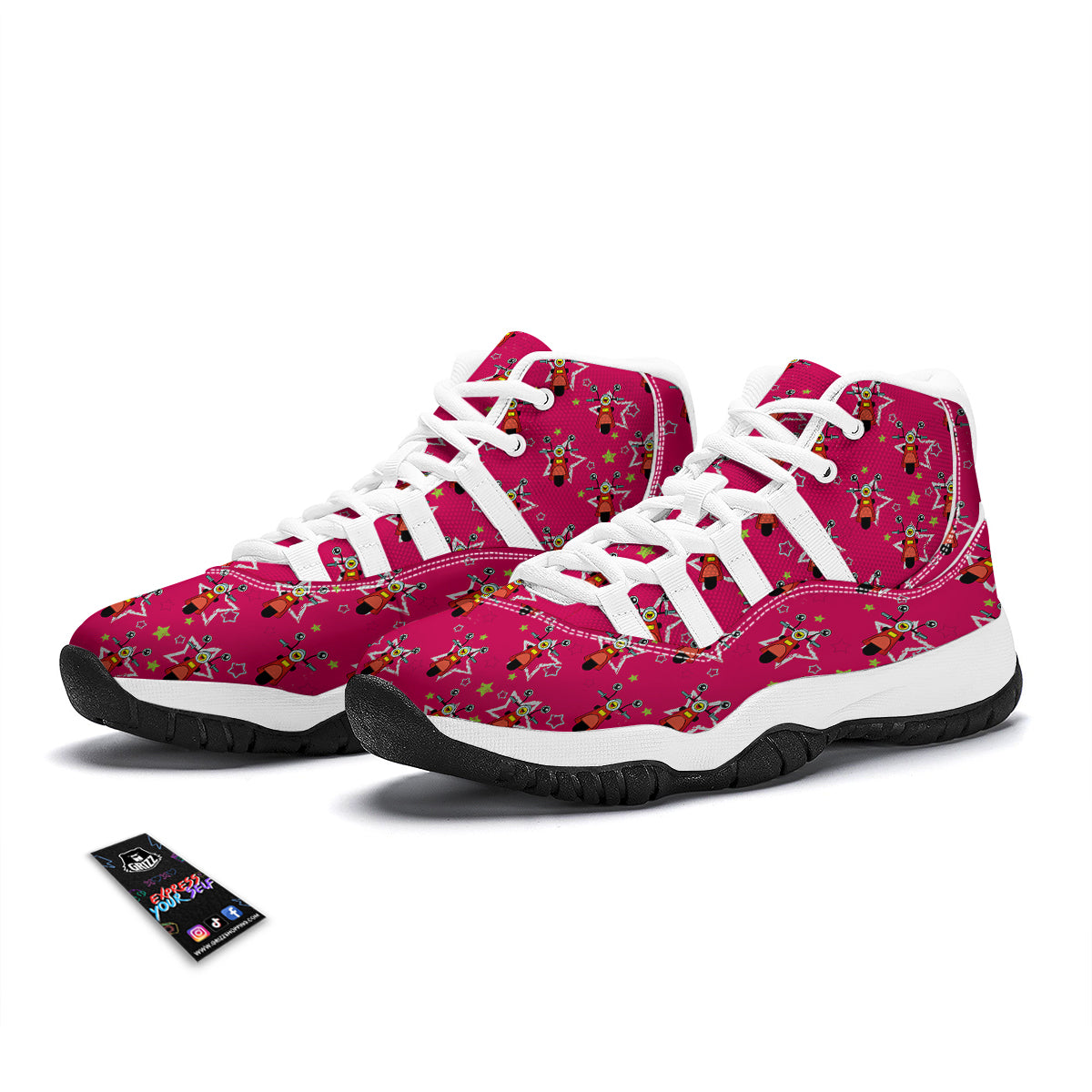 Pink Star Scooter Print Pattern White Bball Shoes-grizzshop