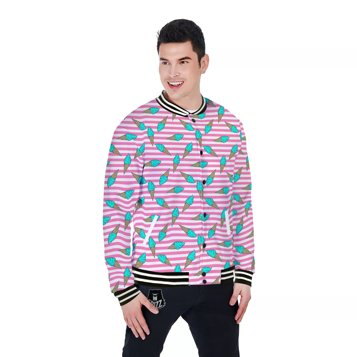 Pink Striped Ice Creams Print Pattern Baseball Jacket-grizzshop