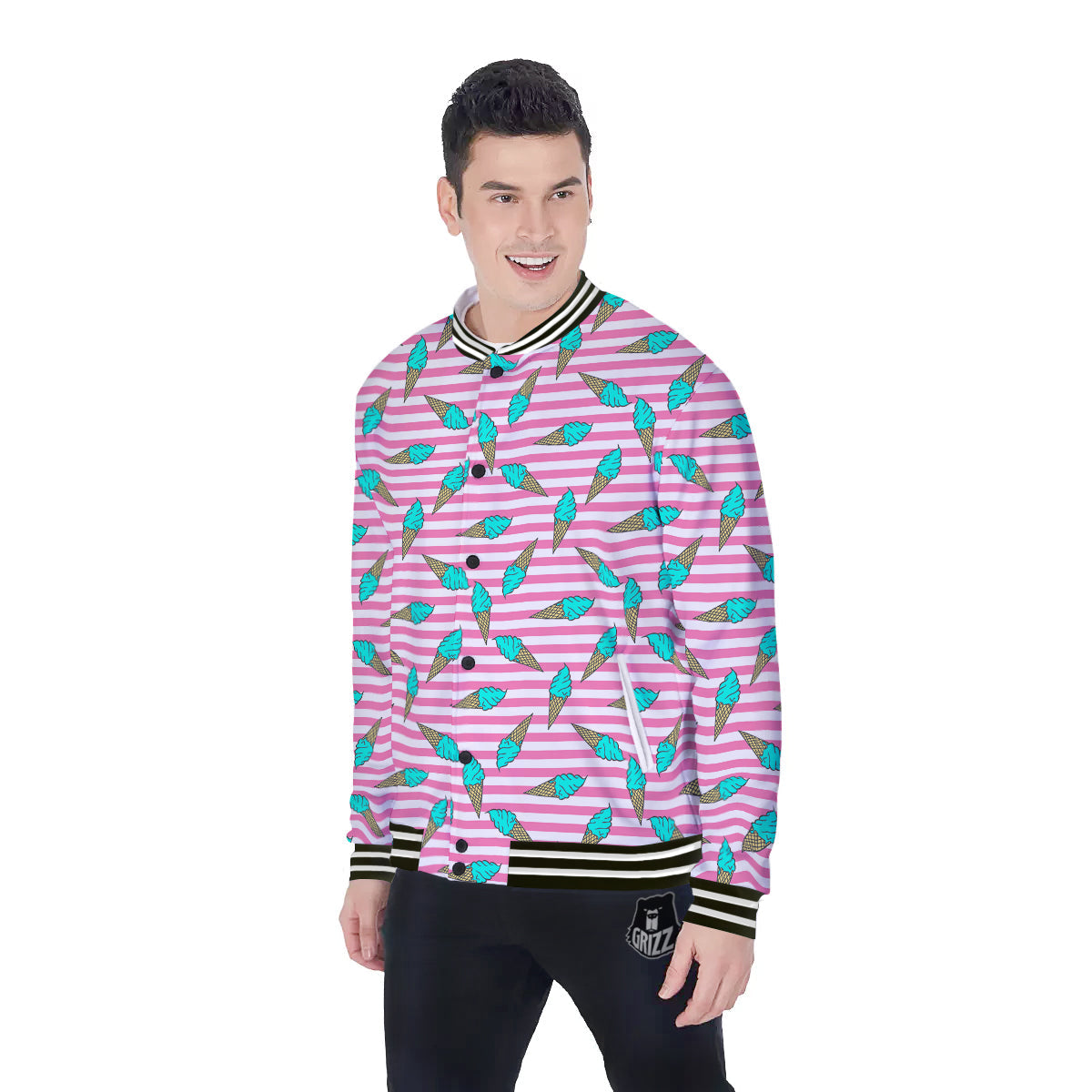 Pink Striped Ice Creams Print Pattern Baseball Jacket-grizzshop