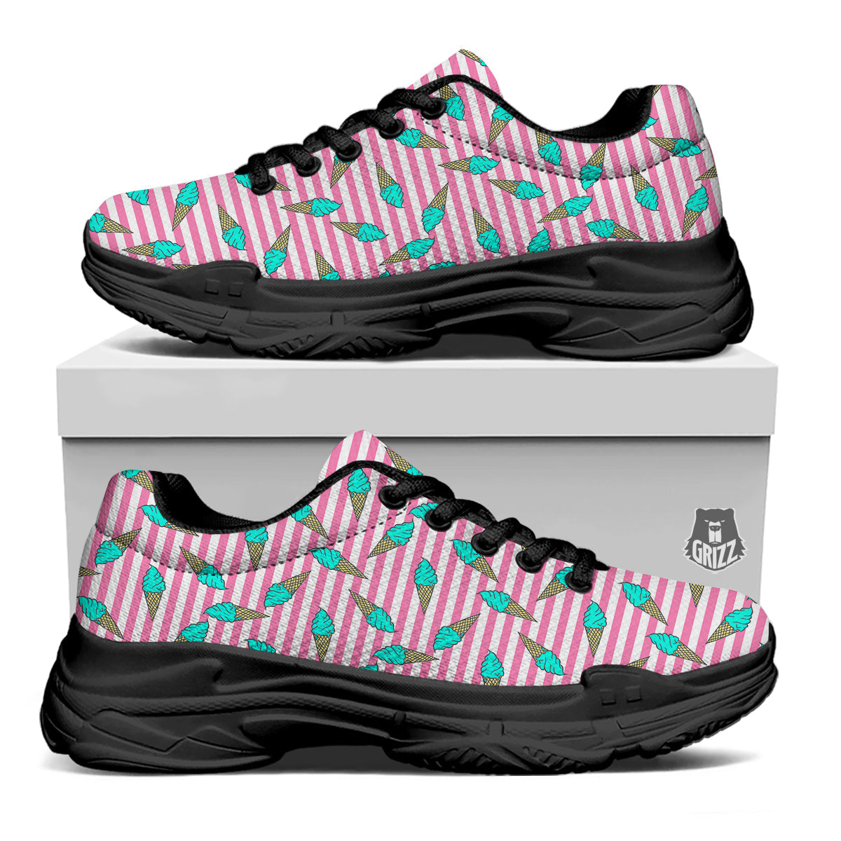 Pink Striped Ice Creams Print Pattern Black Chunky Shoes-grizzshop