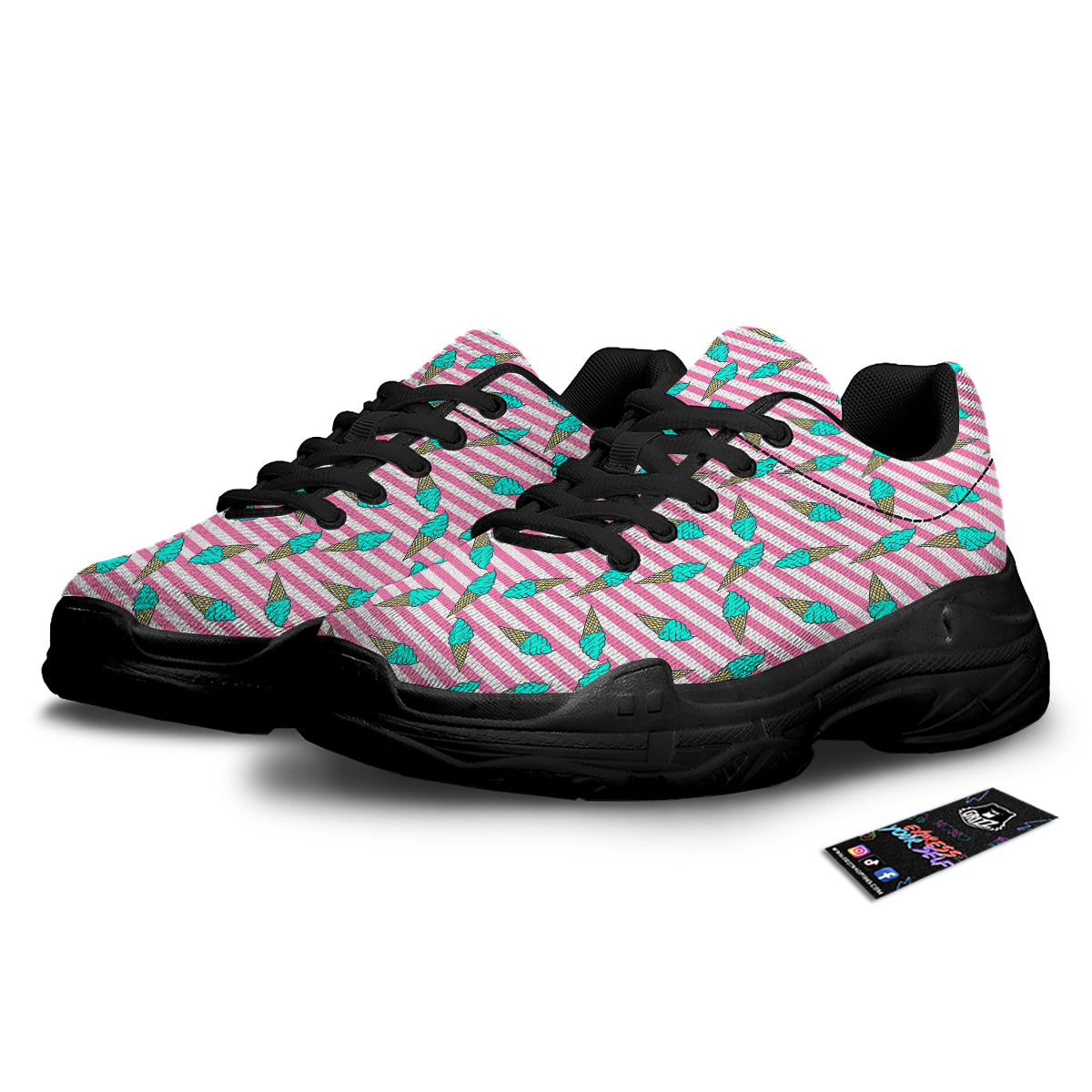 Pink Striped Ice Creams Print Pattern Black Chunky Shoes-grizzshop