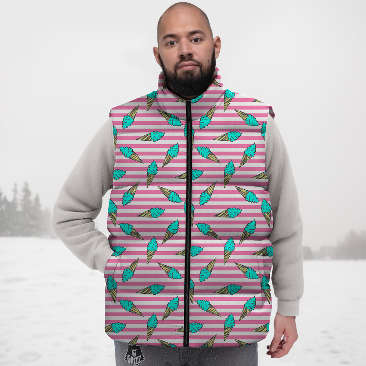 Pink Striped Ice Creams Print Pattern Down Vest