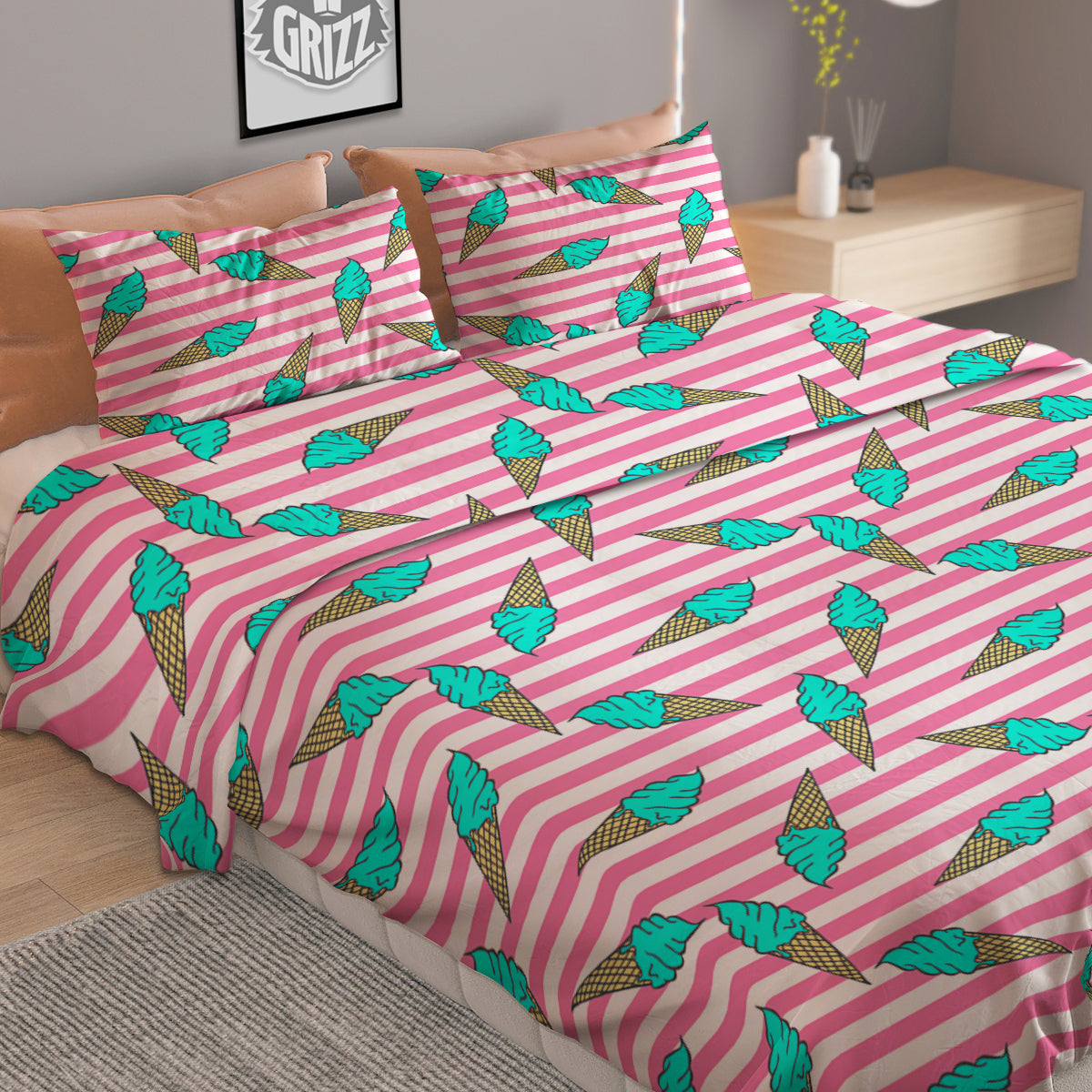 Pink Striped Ice Creams Print Pattern Duvet Cover Bedding Set