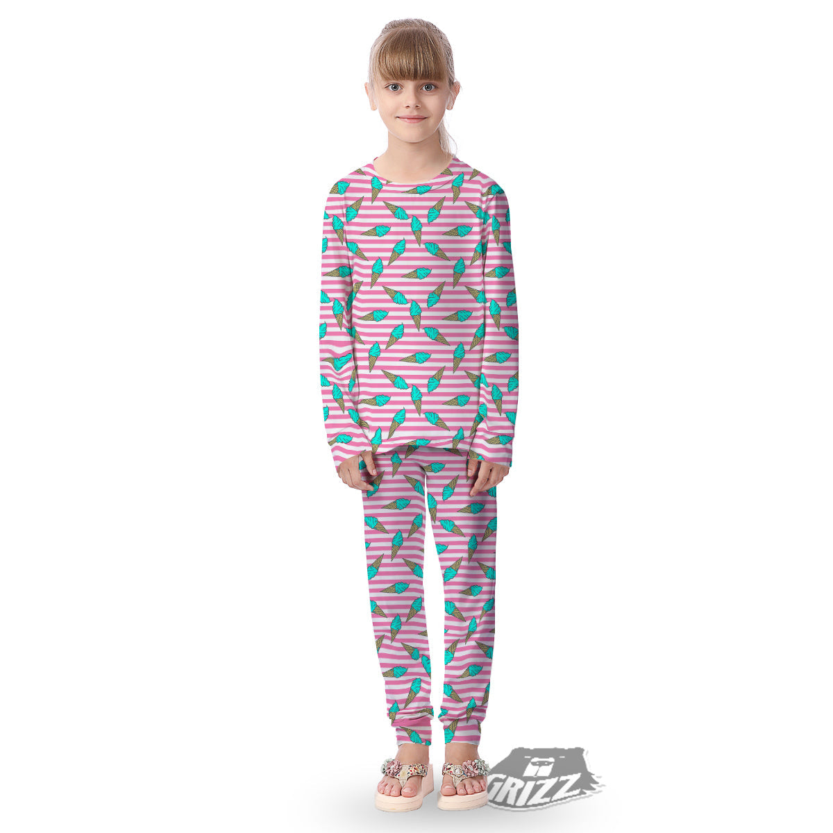 Pink Striped Ice Creams Print Pattern Kid's Pajamas-grizzshop