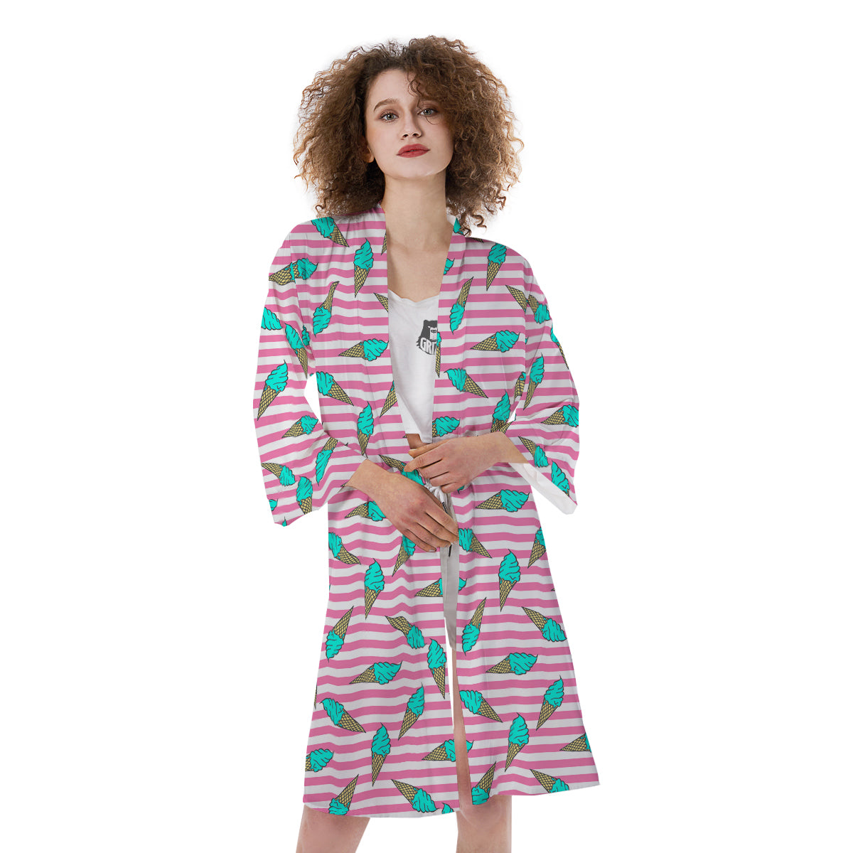 Pink Striped Ice Creams Print Pattern Kimono-grizzshop