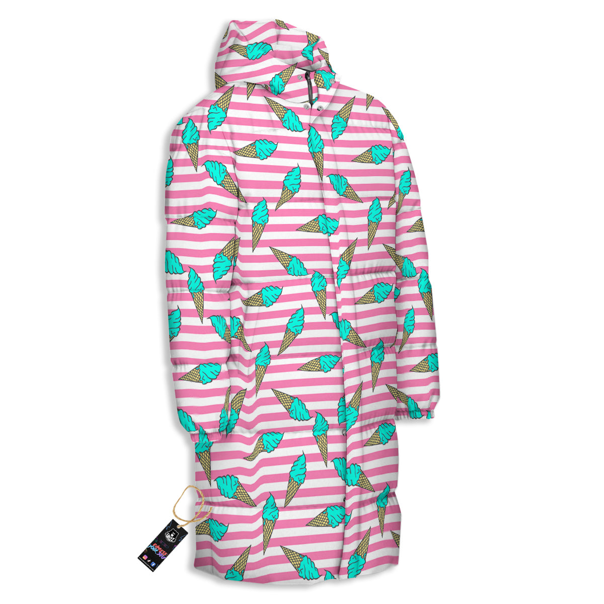 Pink Striped Ice Creams Print Pattern Long Down Jacket-grizzshop