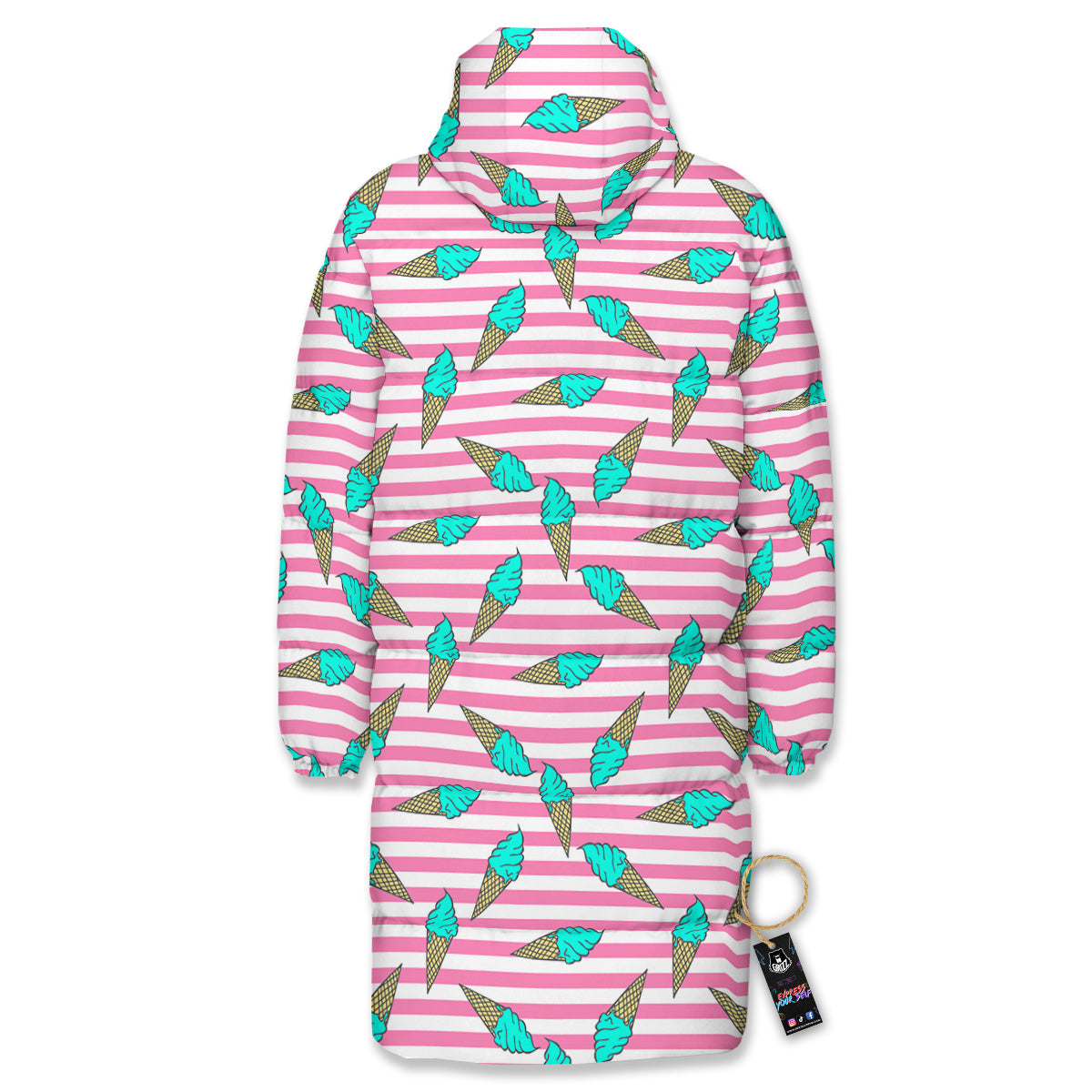 Pink Striped Ice Creams Print Pattern Long Down Jacket-grizzshop