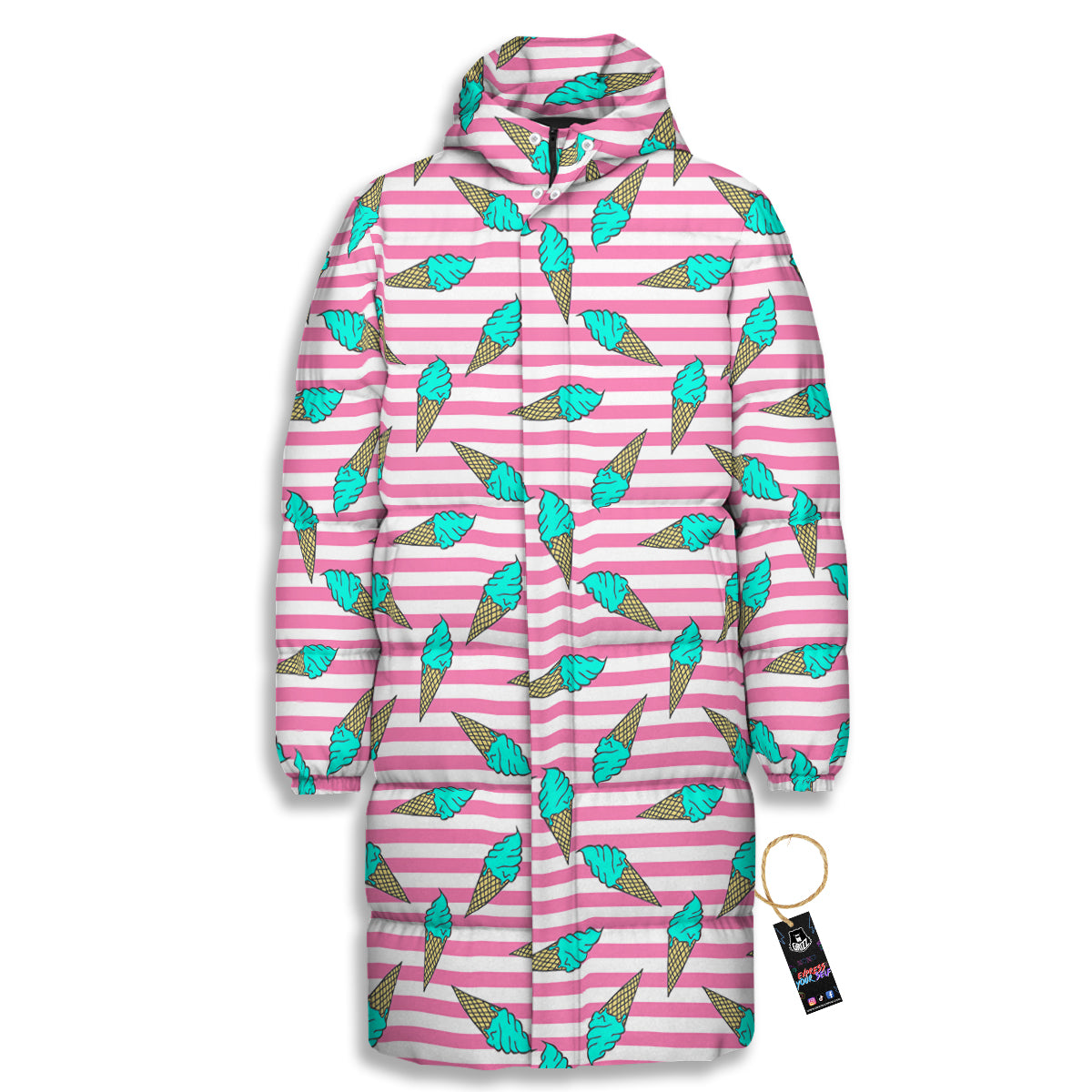 Pink Striped Ice Creams Print Pattern Long Down Jacket-grizzshop