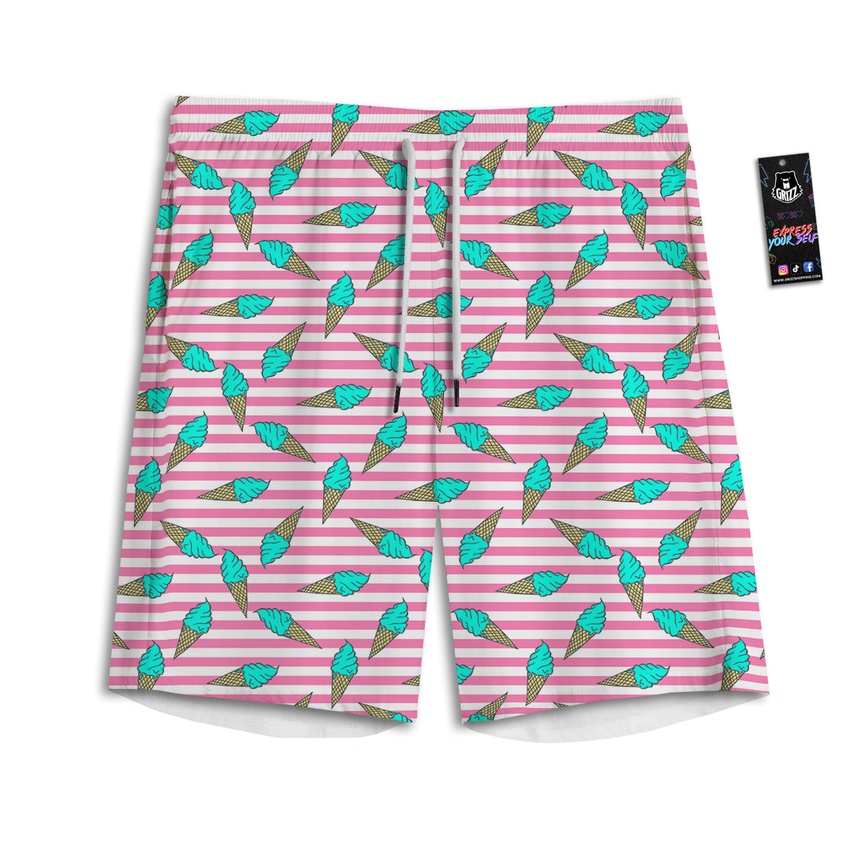 Pink Striped Ice Creams Print Pattern Men's Athletic Shorts