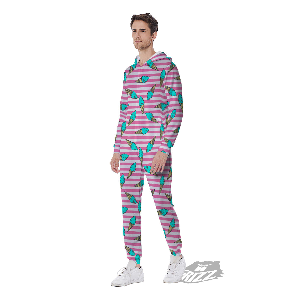 Pink Striped Ice Creams Print Pattern Men's Jumpsuit-grizzshop