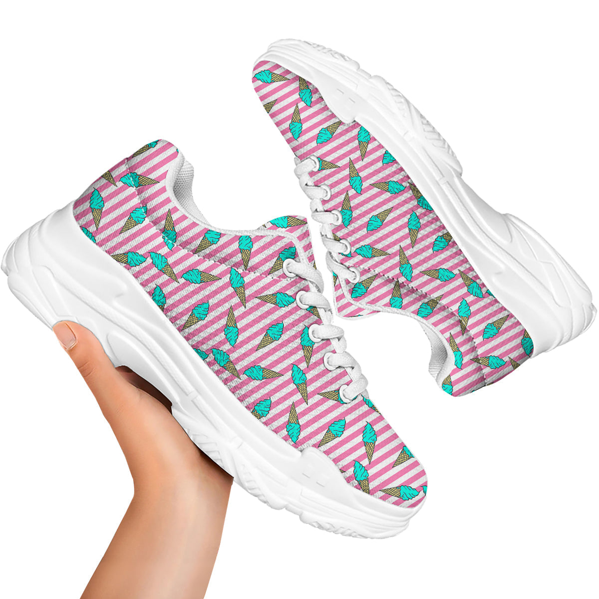 Pink Striped Ice Creams Print Pattern White Chunky Shoes-grizzshop