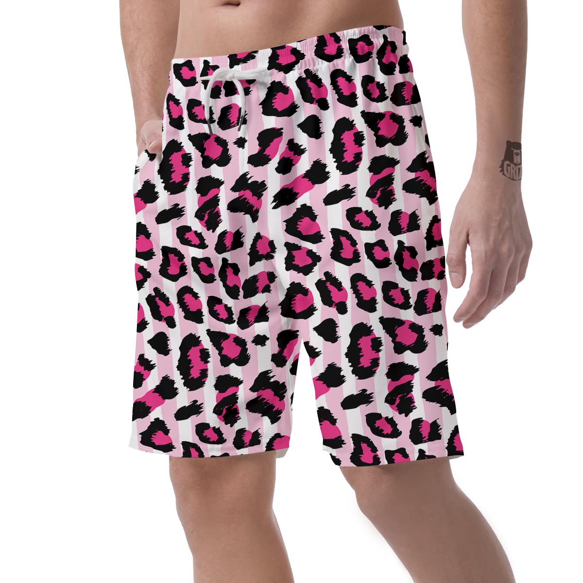 Pink Striped Leopard Men's Shorts-grizzshop