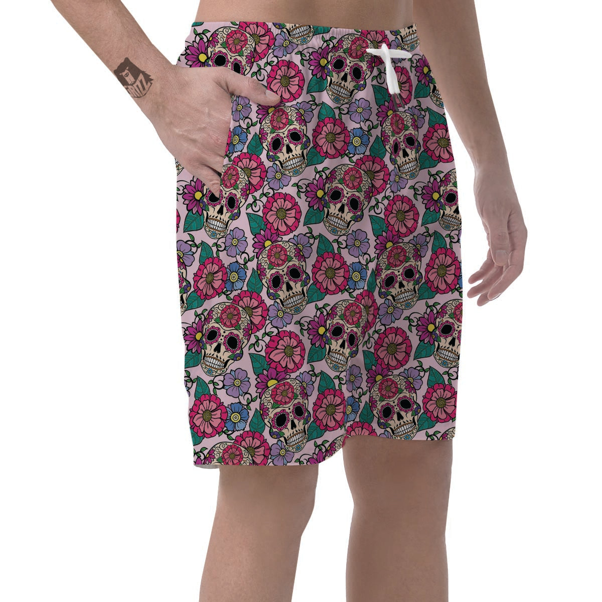 Pink Sugar Skull Floral Men's Shorts-grizzshop