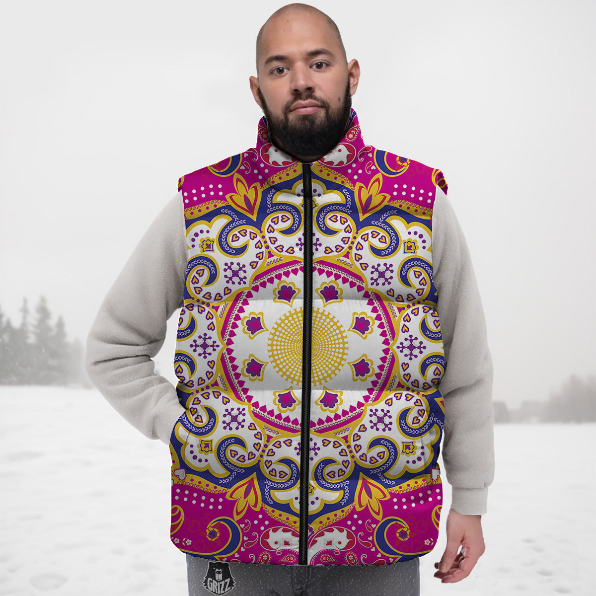 Pink Swan Pattern Print Down Vest-grizzshop