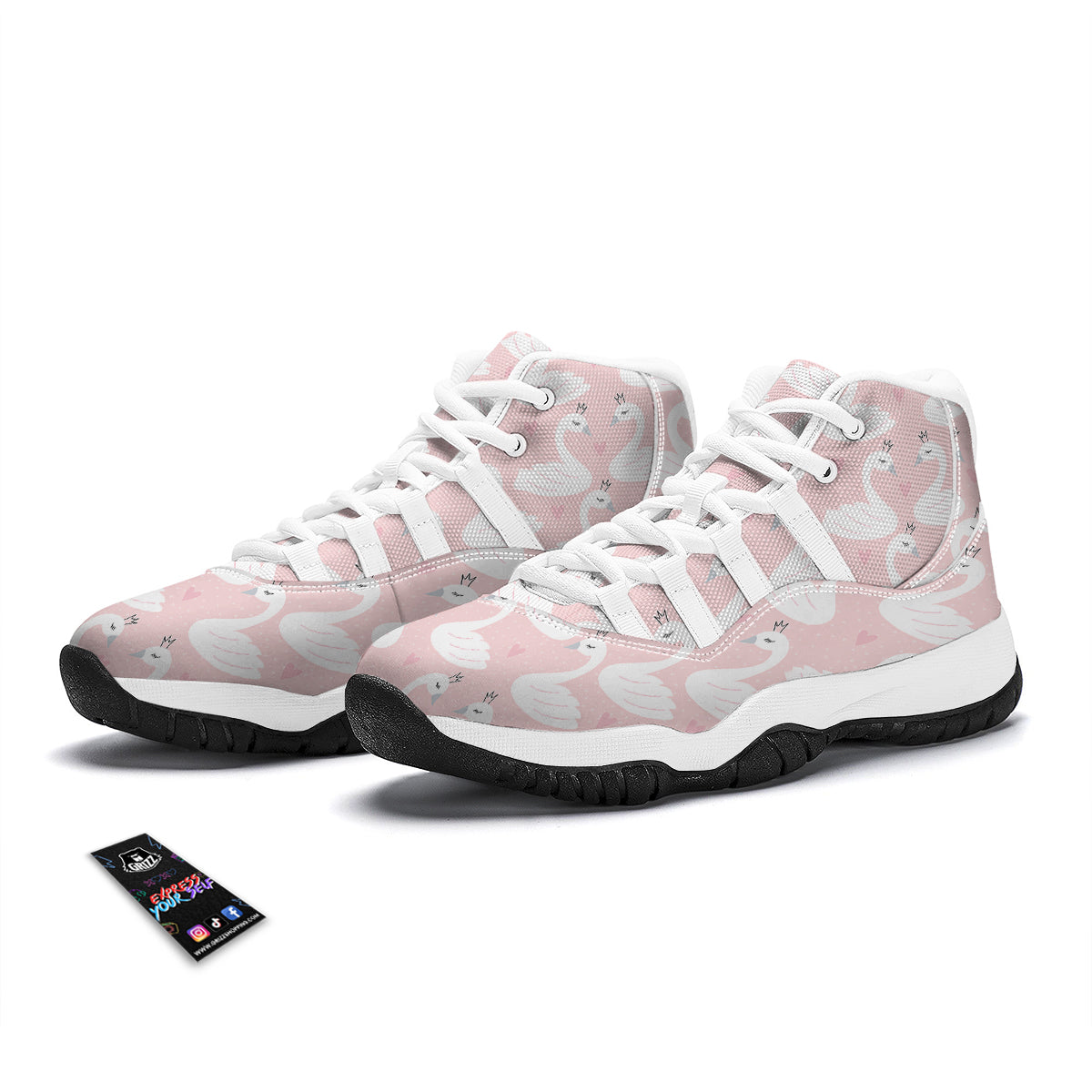 Pink Swan Pattern Print White Bball Shoes-grizzshop