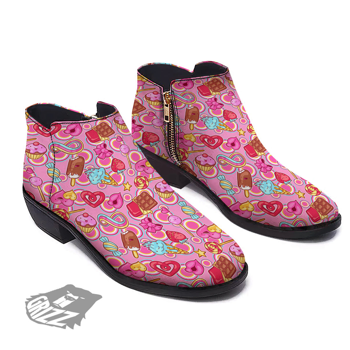 Pink Sweet Candy Print Pattern Ankle Boots-grizzshop