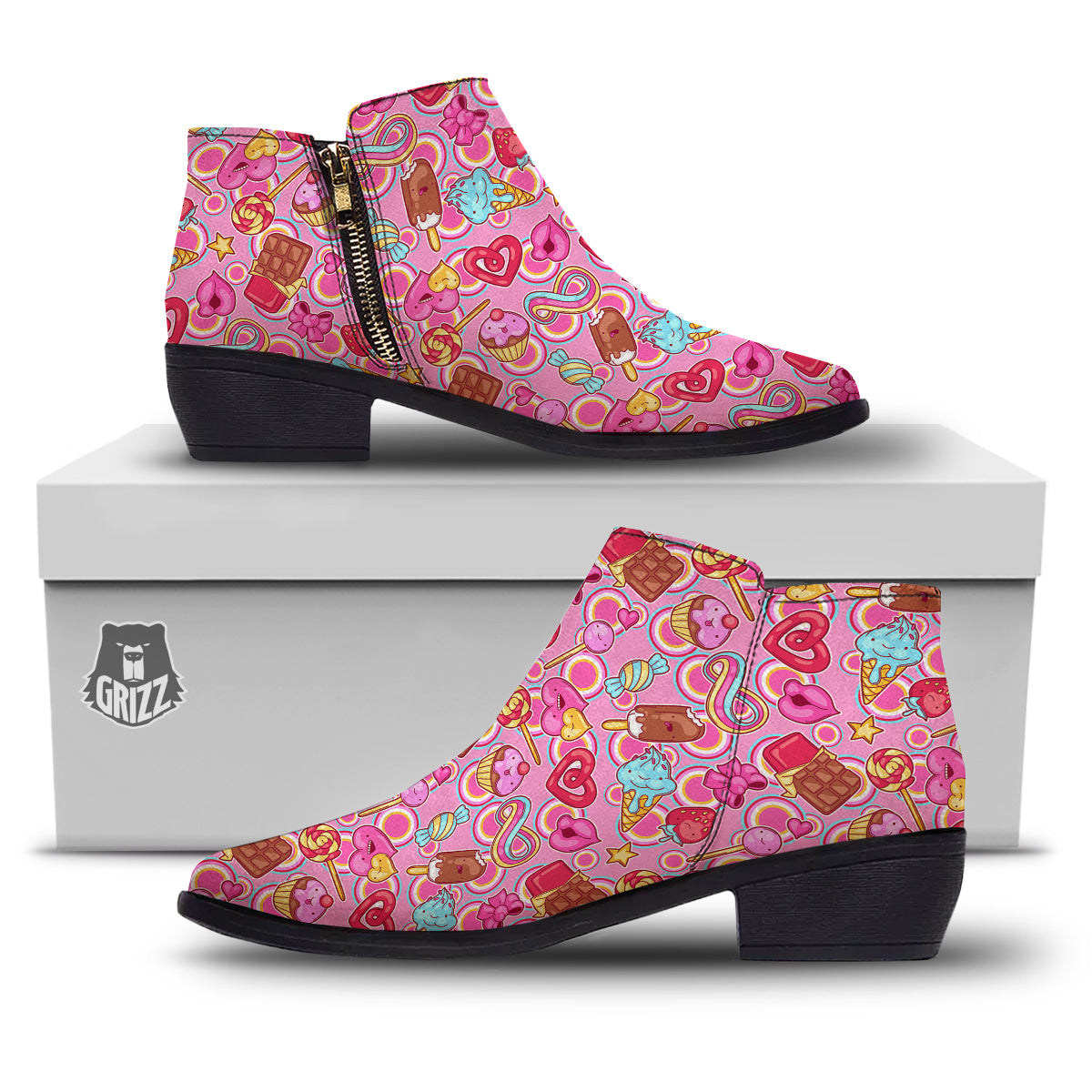 Pink Sweet Candy Print Pattern Ankle Boots-grizzshop