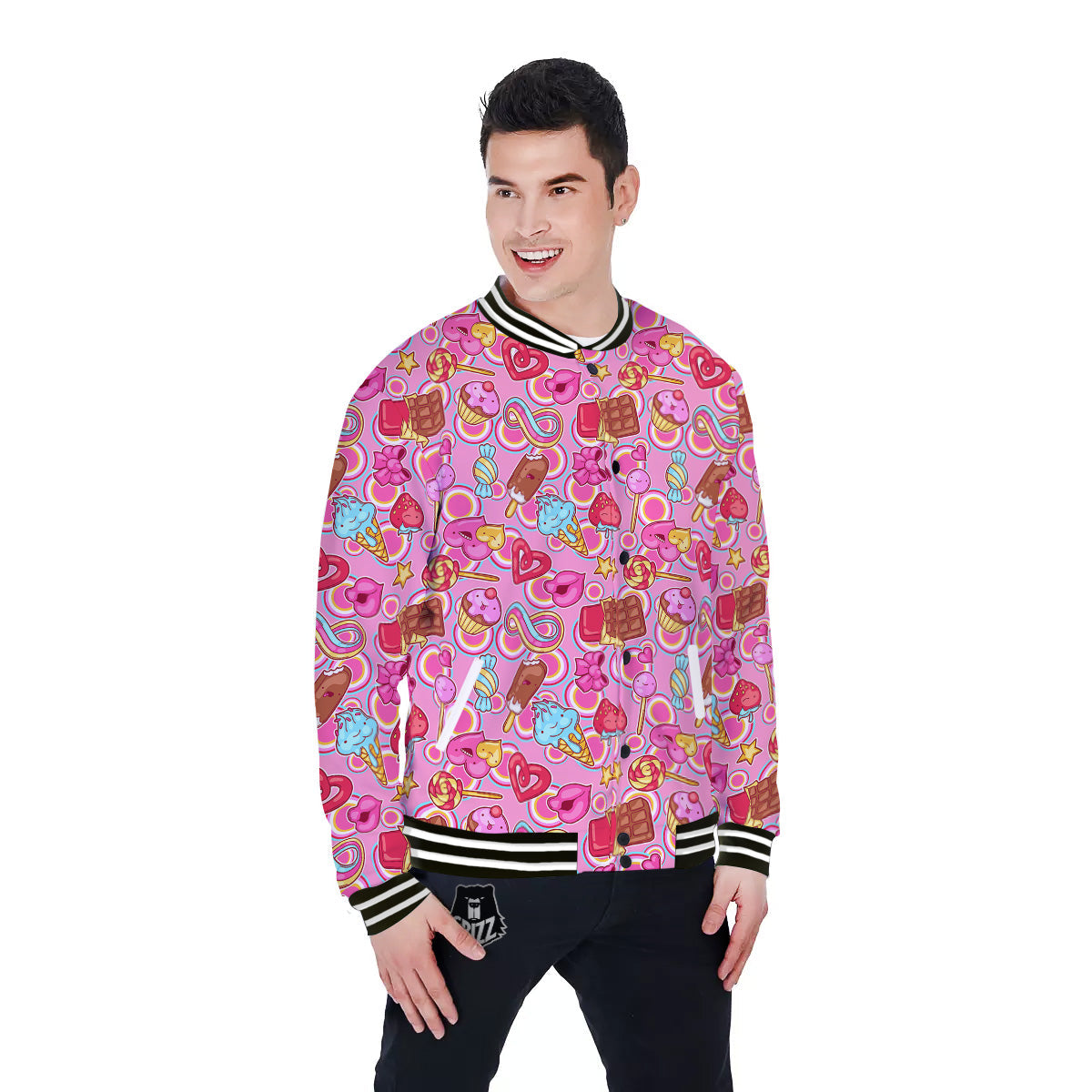 Pink Sweet Candy Print Pattern Baseball Jacket-grizzshop