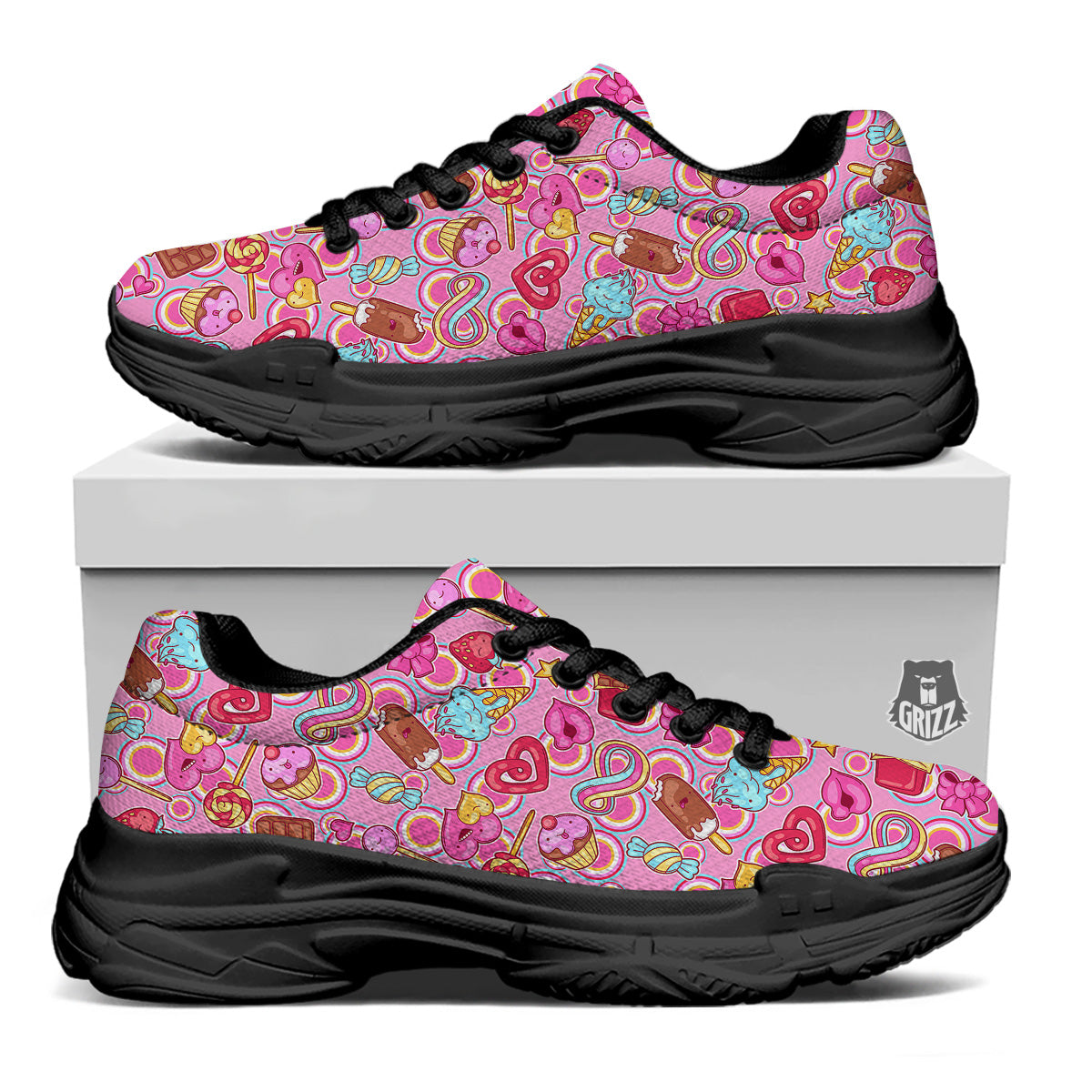 Pink Sweet Candy Print Pattern Black Chunky Shoes-grizzshop
