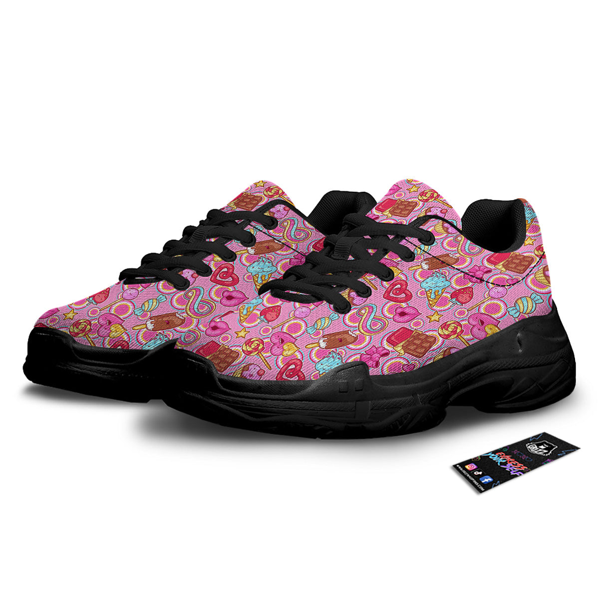 Pink Sweet Candy Print Pattern Black Chunky Shoes-grizzshop