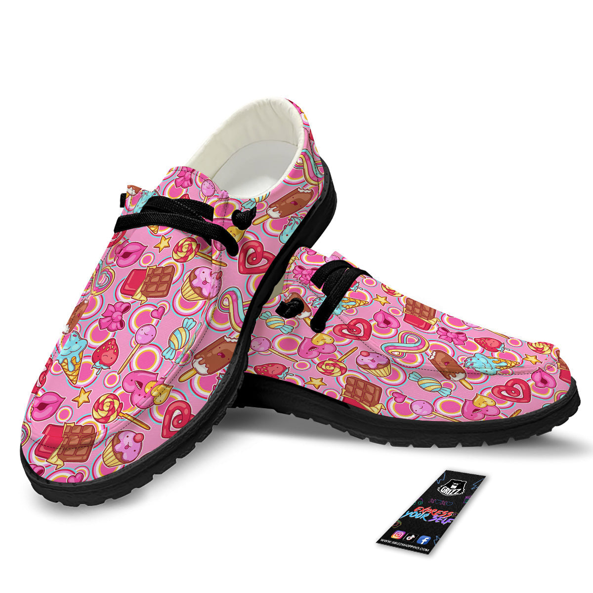 Pink Sweet Candy Print Pattern Black Loafers-grizzshop