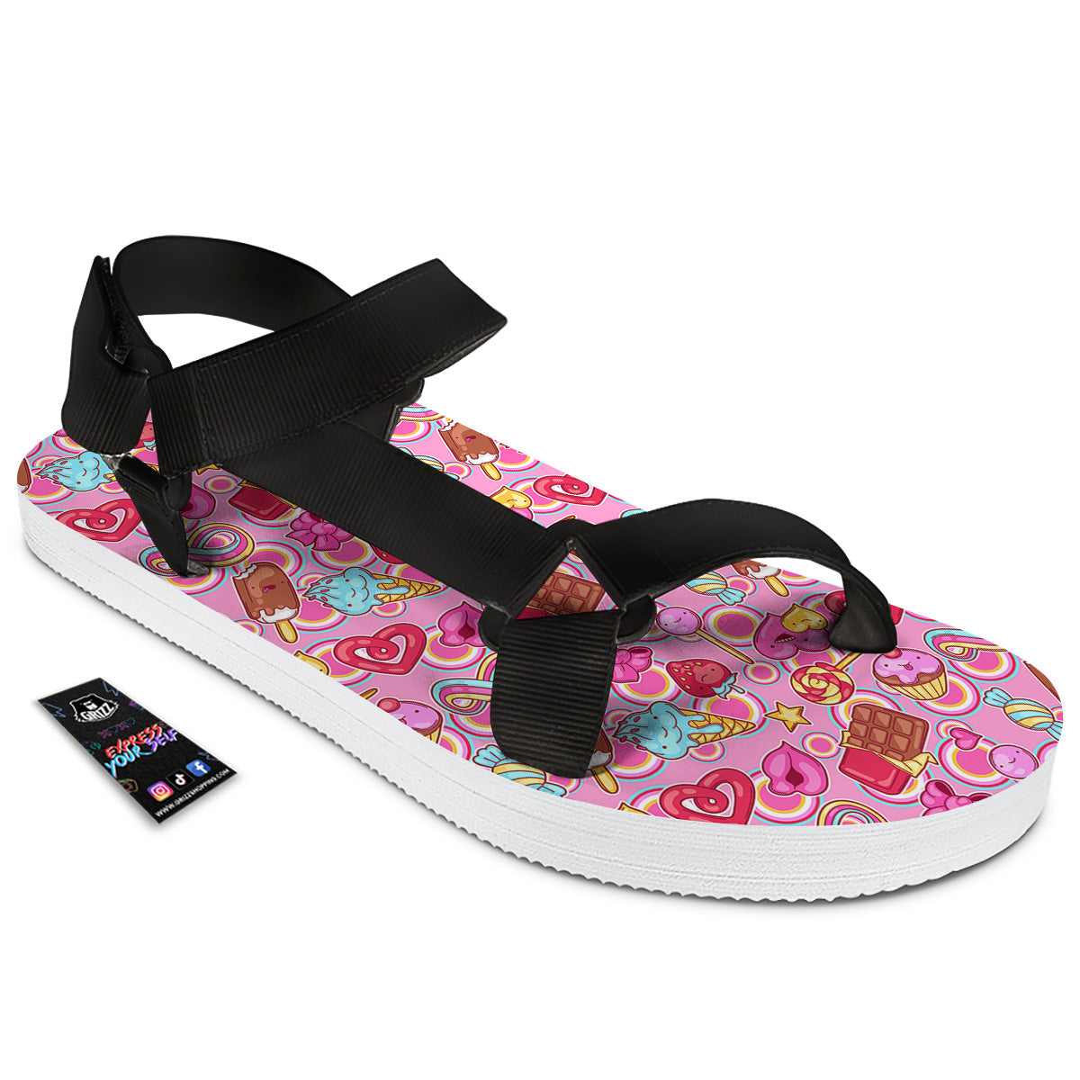 Pink Sweet Candy Print Pattern Black Open Toe Sandals-grizzshop