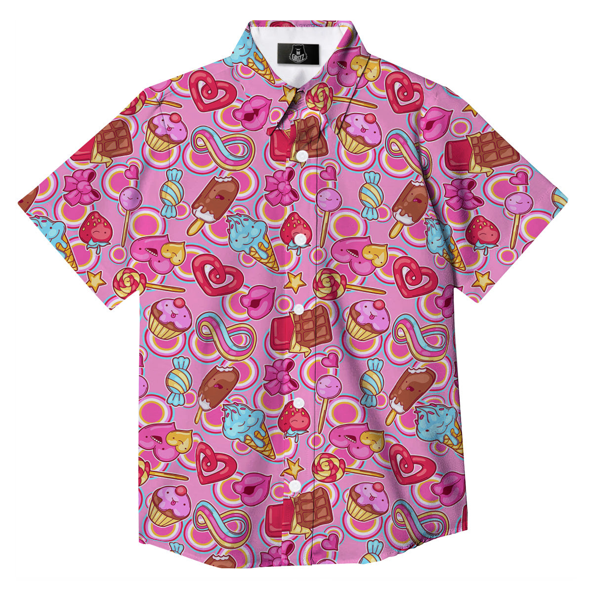 Pink Sweet Candy Print Pattern Button Up Shirt-grizzshop