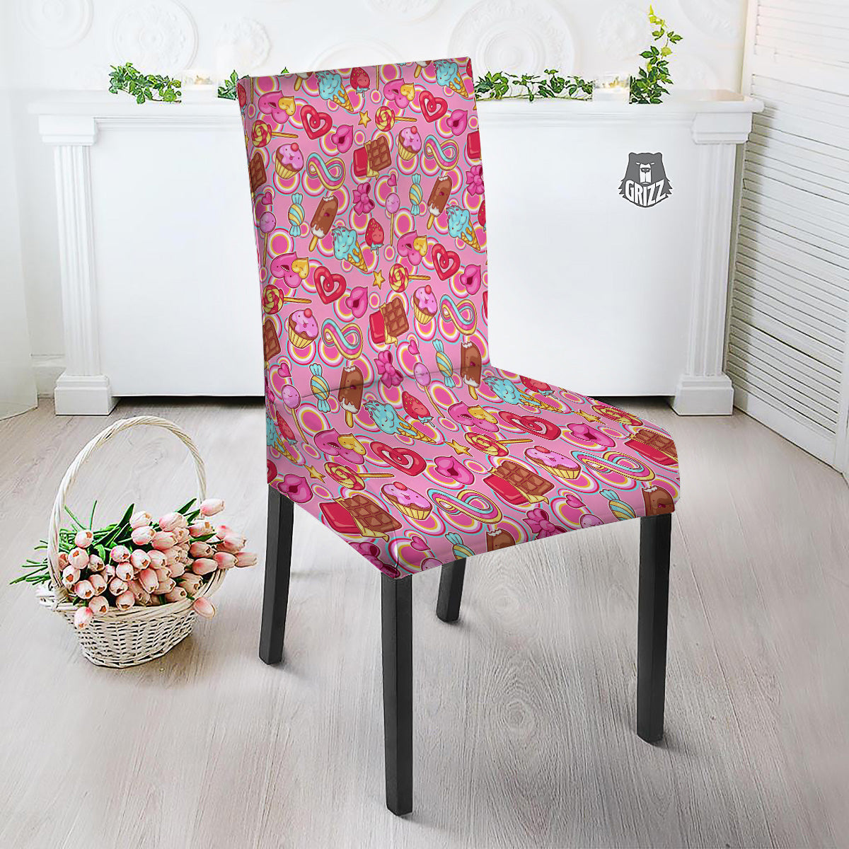 Pink Sweet Candy Print Pattern Dining Chair Slipcover-grizzshop