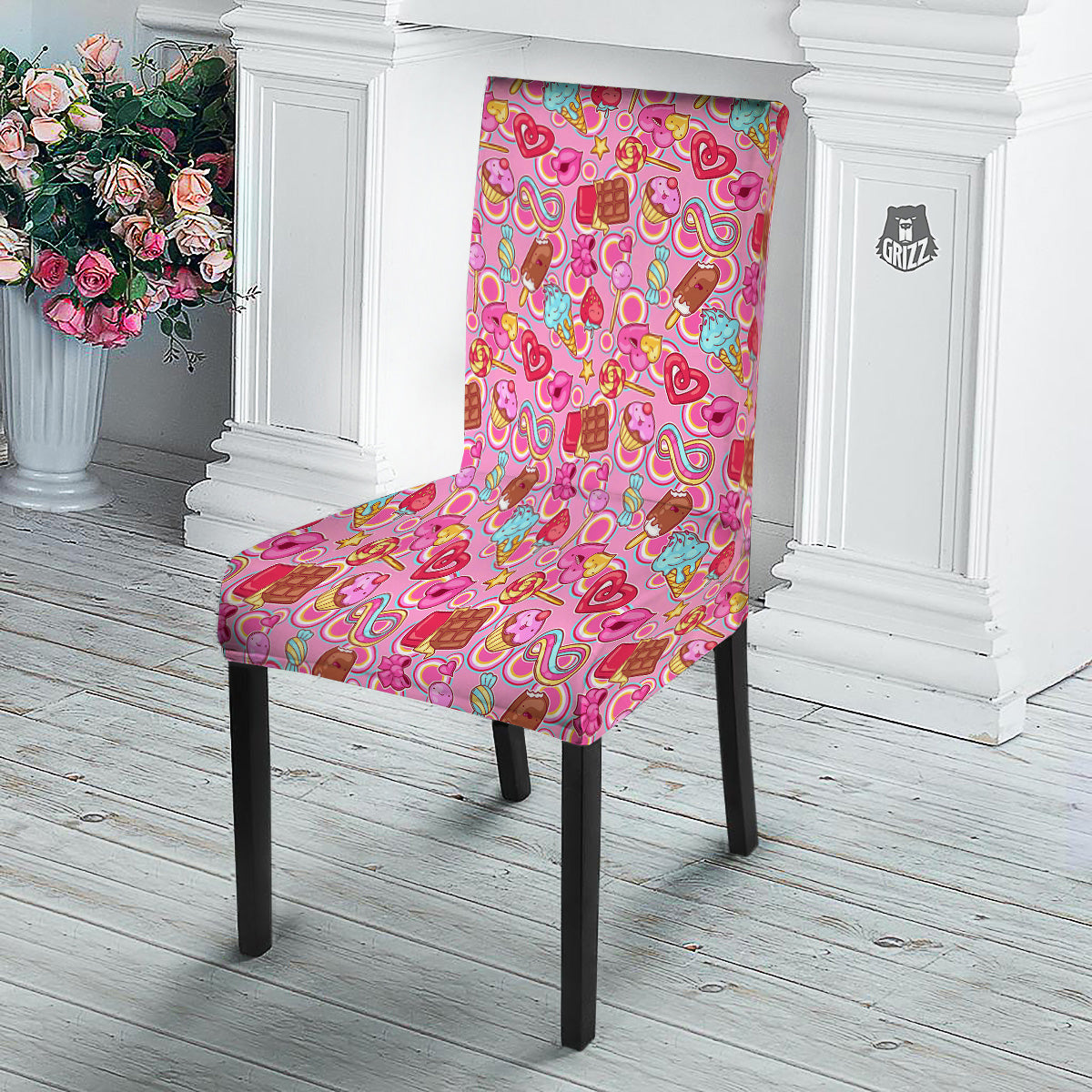 Pink Sweet Candy Print Pattern Dining Chair Slipcover-grizzshop