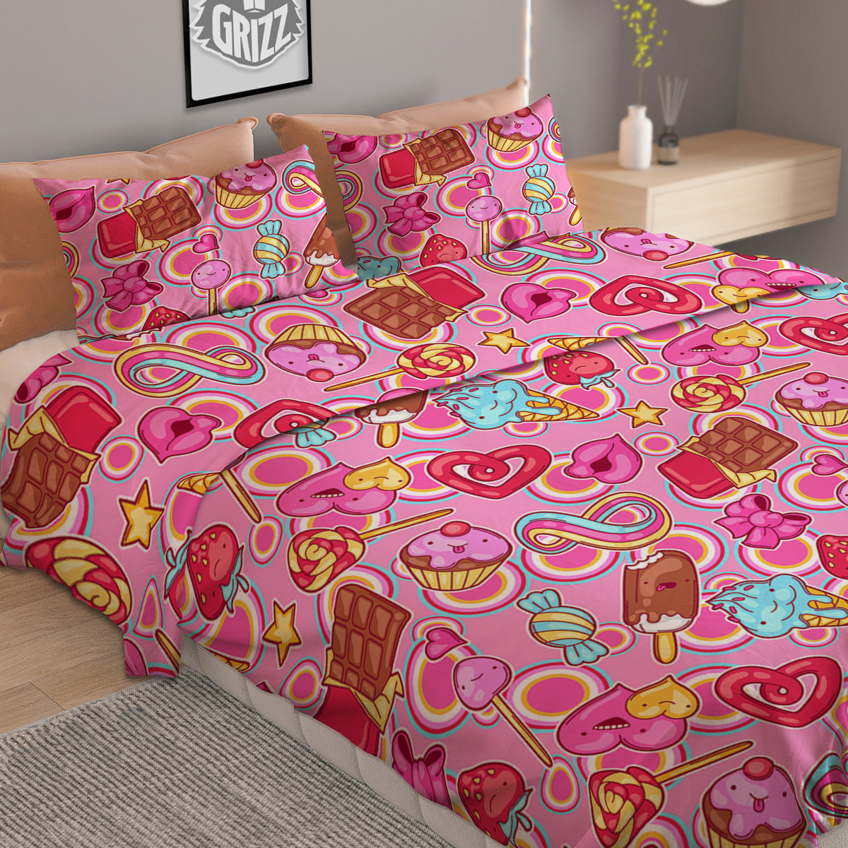 Pink Sweet Candy Print Pattern Duvet Cover Bedding Set