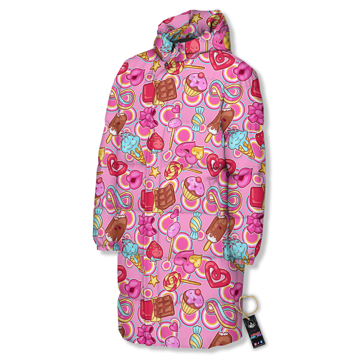 Pink Sweet Candy Print Pattern Long Down Jacket-grizzshop