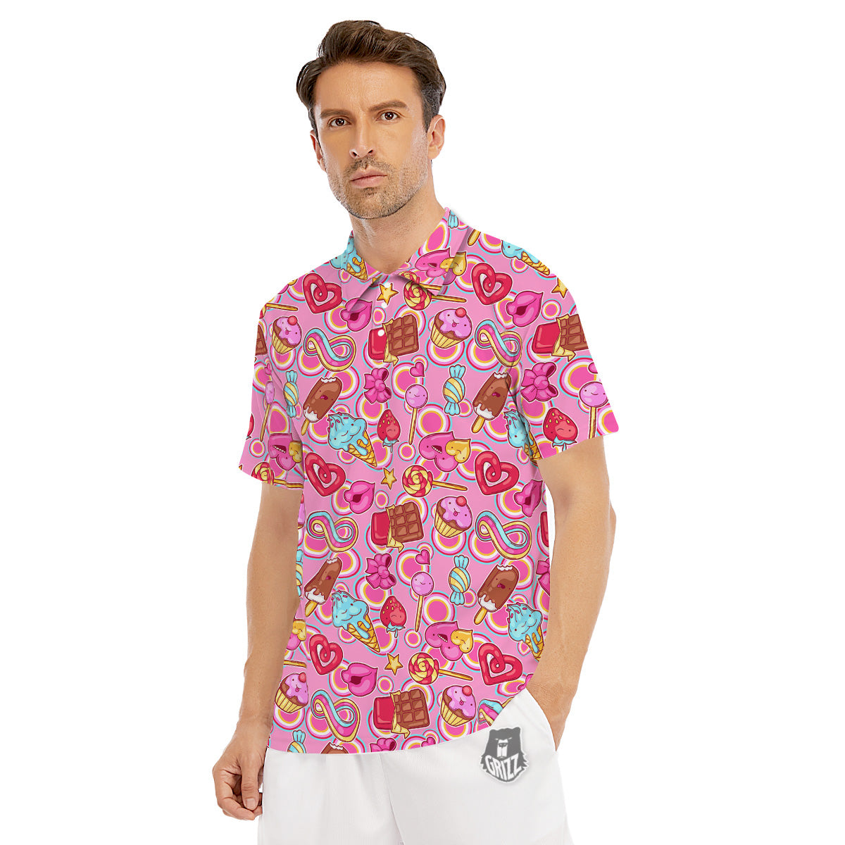 Pink Sweet Candy Print Pattern Men's Golf Shirts-grizzshop