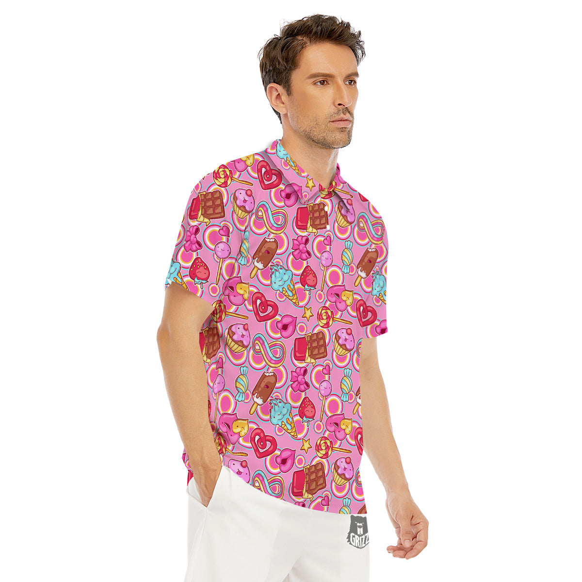 Pink Sweet Candy Print Pattern Men's Golf Shirts-grizzshop
