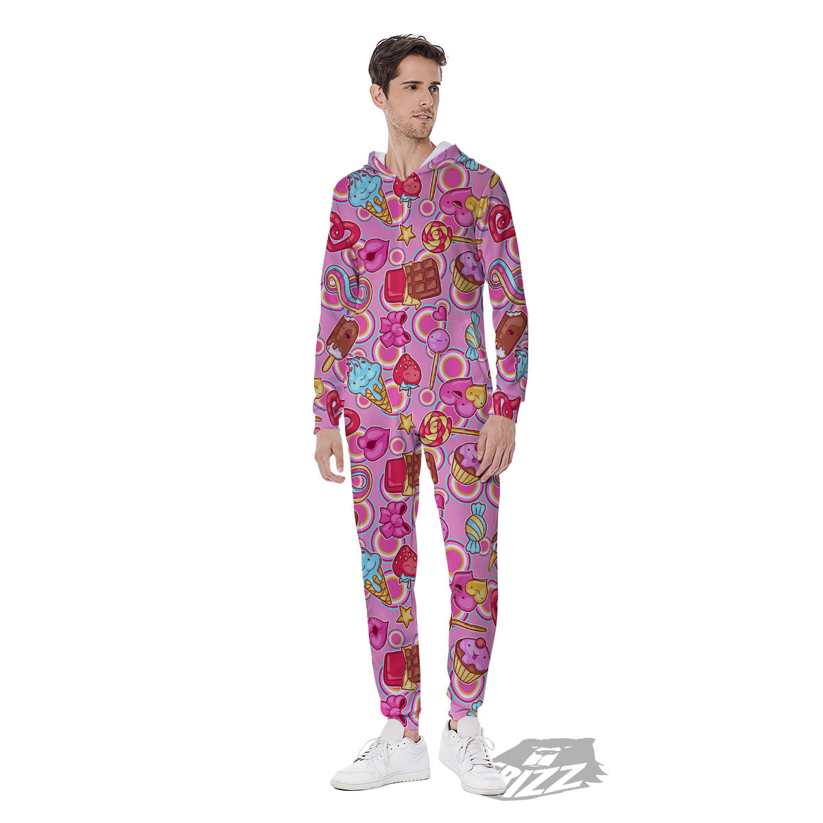 Pink Sweet Candy Print Pattern Men's Jumpsuit-grizzshop