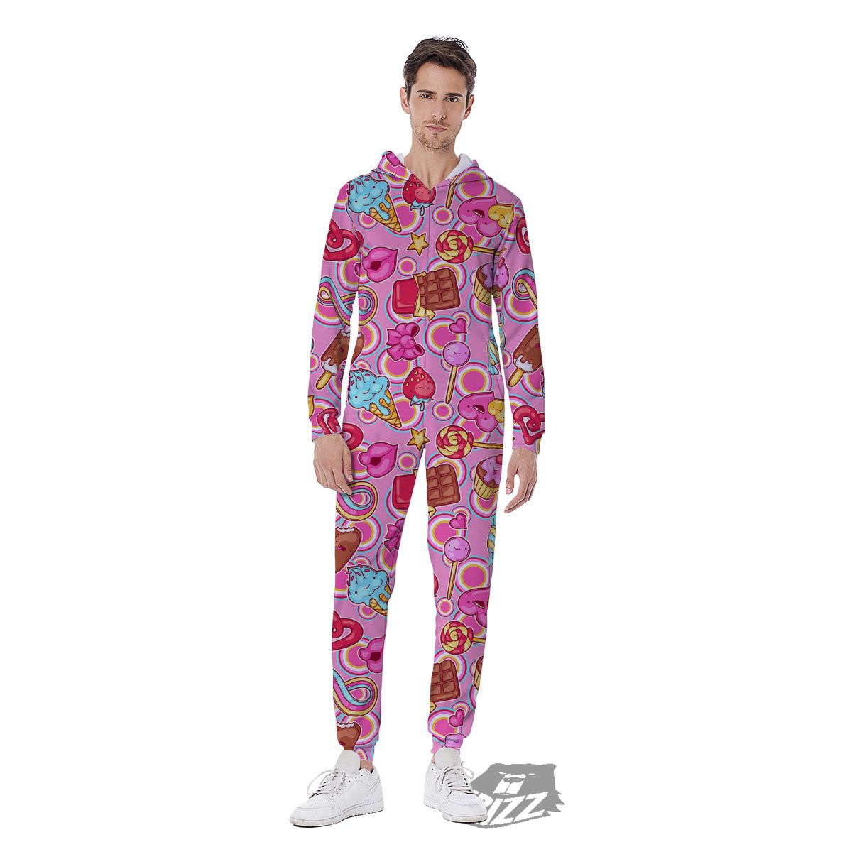 Pink Sweet Candy Print Pattern Men's Jumpsuit-grizzshop